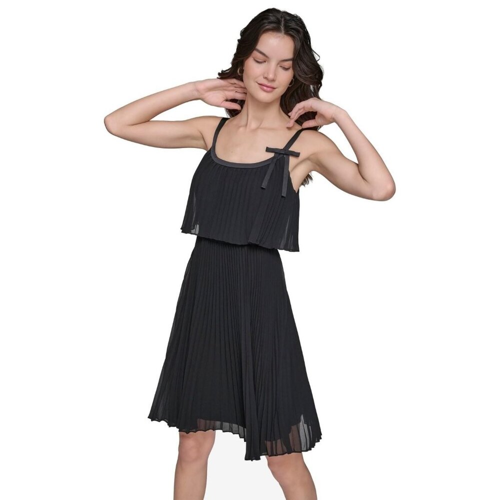 Karl Lagerfeld Paris Dress Womens Size 12 Black Pleated Chiffon Bow MSRP $168